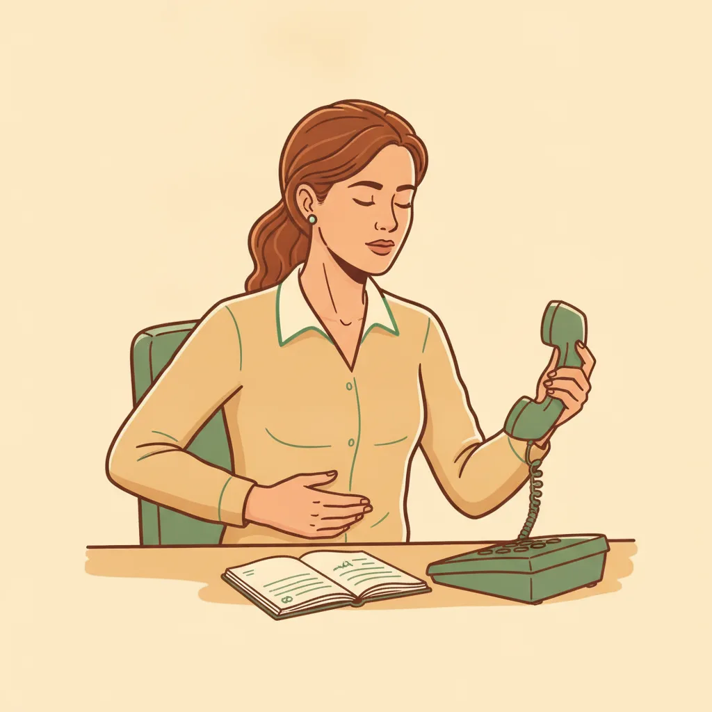 Illustration en linogravure chaude d'une dirigeante qui respire profondément, une main sur le ventre, juste avant de décrocher son téléphone pour prospecter